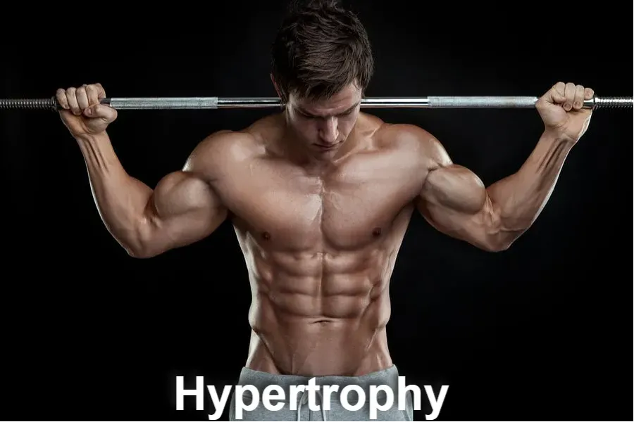 Man with barbell behind his neck with the word "Hypertrophy" superimposed across his torso.