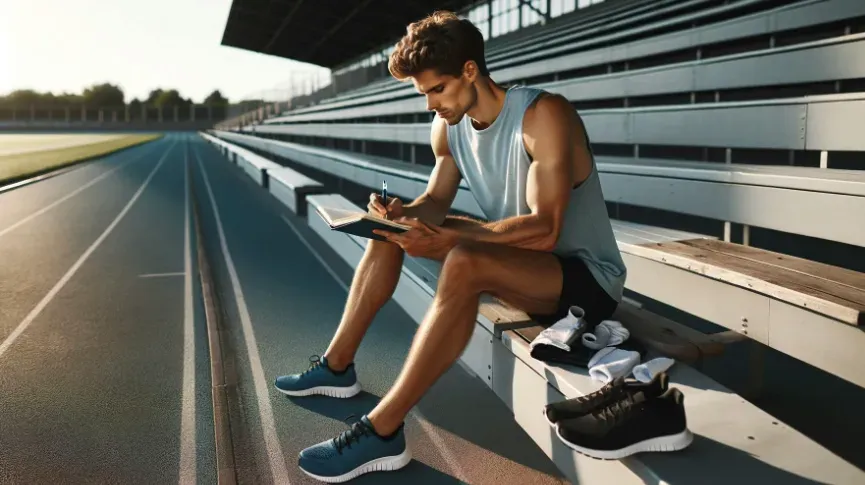 an athlete sitting in the track bleachers, writing intently on a notepad while dressed in running attire.