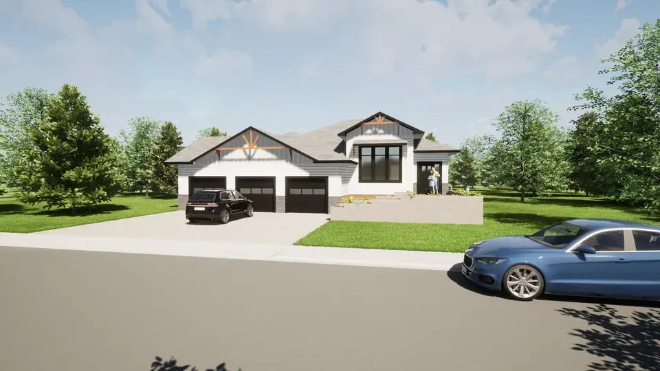 Modern white house with black garage doors, decorative wood accents on the gables, a large front window, and a raised entryway. The home features a spacious driveway, green lawn, and is surrounded by trees.