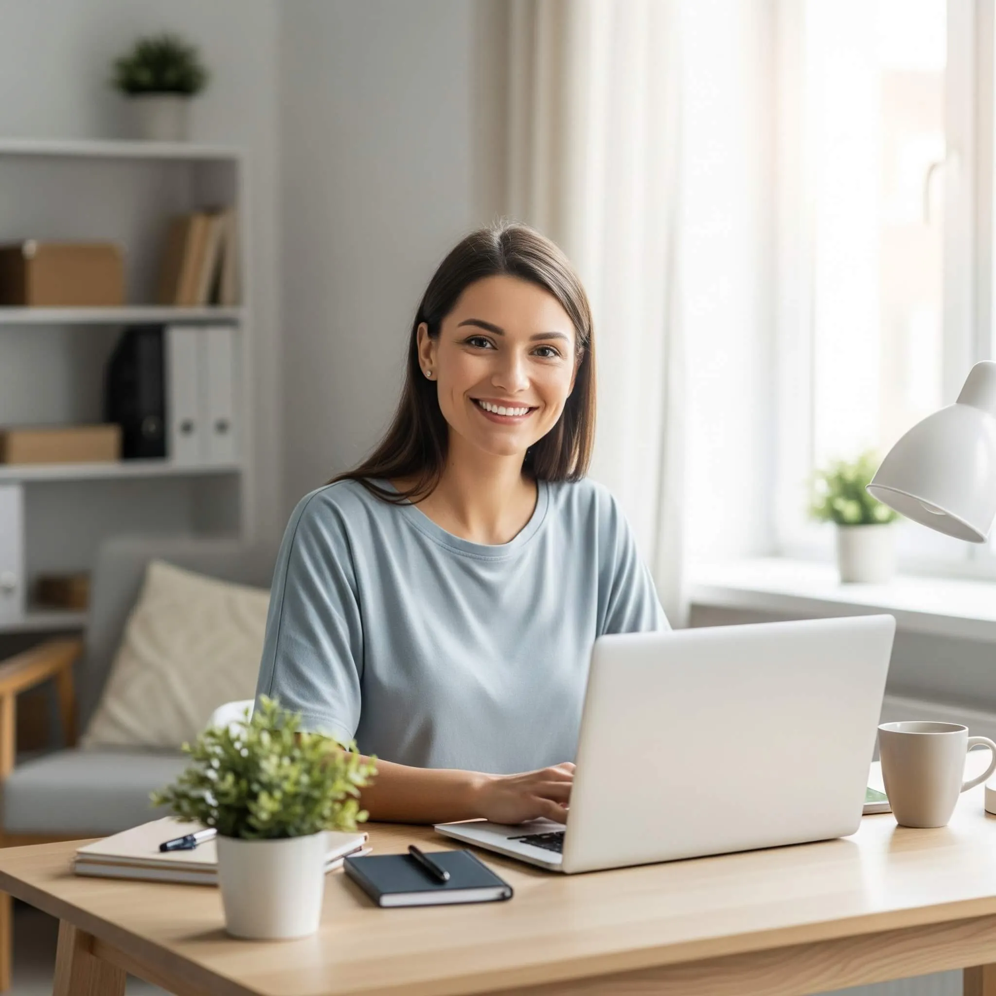 Confident solopreneur smiling while working on a laptop in a bright, organized home office, conveying reduced stress and increased efficiency.