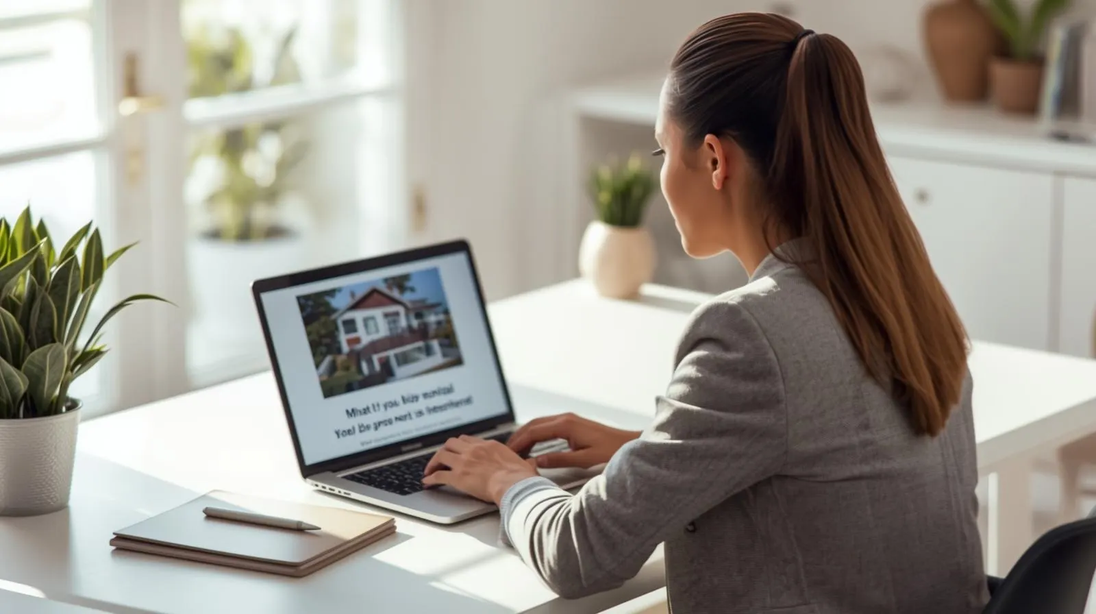 A real estate agent efficiently using AI prompts on their laptop to create a marketing description for a new property listing.