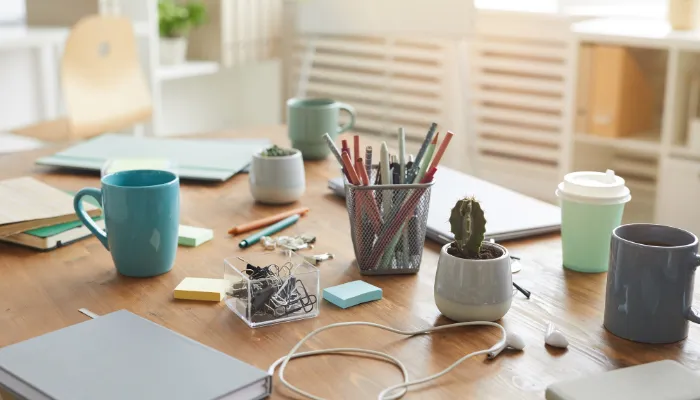 A cluttered desk.