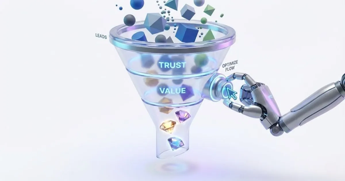 3D funnel illustration showing the transformation of leads into clients using AI optimization.