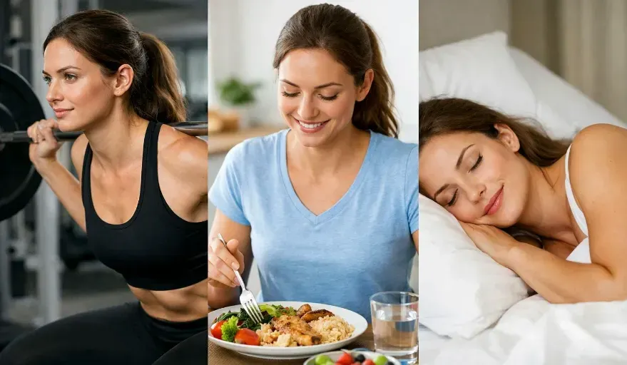 a three-split image of the same person. In the first image, they are resistance training. In the second image, they are eating a balanced diet. The third image, they are sleeping peacefully.