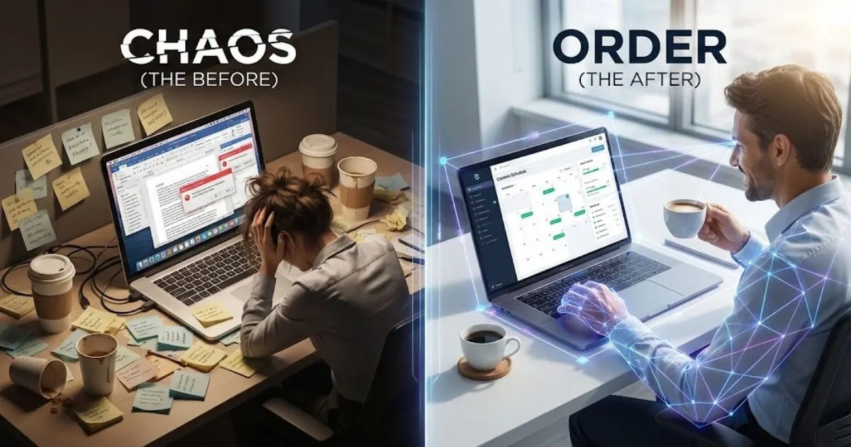 Split screen showing a stressed business owner versus a relaxed entrepreneur using fast content creation tools.