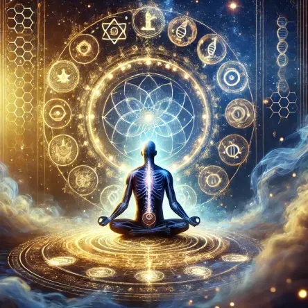A meditating figure sits in a glowing circle filled with Human Design and Gene Keys symbols, surrounded by dissolving patterns representing habits. The scene evokes ritual transformation and self-mastery.