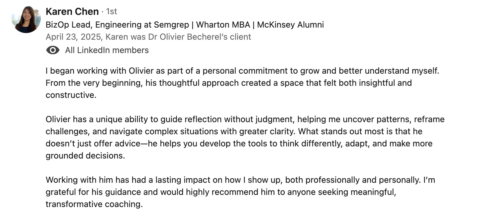 Karen's Testimonial for Executive Coaching