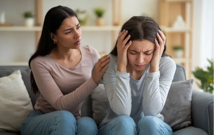 two women sitting on a couch in a comforting and supportive moment. The woman on the right appears distressed, holding her head with both hands and looking downward. The woman on the left is gently touching her shoulder, offering support and empathy. Both are casually dressed in long-sleeved shirts and jeans, sitting close together in a homey environment with soft, neutral colors in the background, including a shelf with plants and decorative items. The overall mood conveys care, empathy, and companionship during a difficult time.