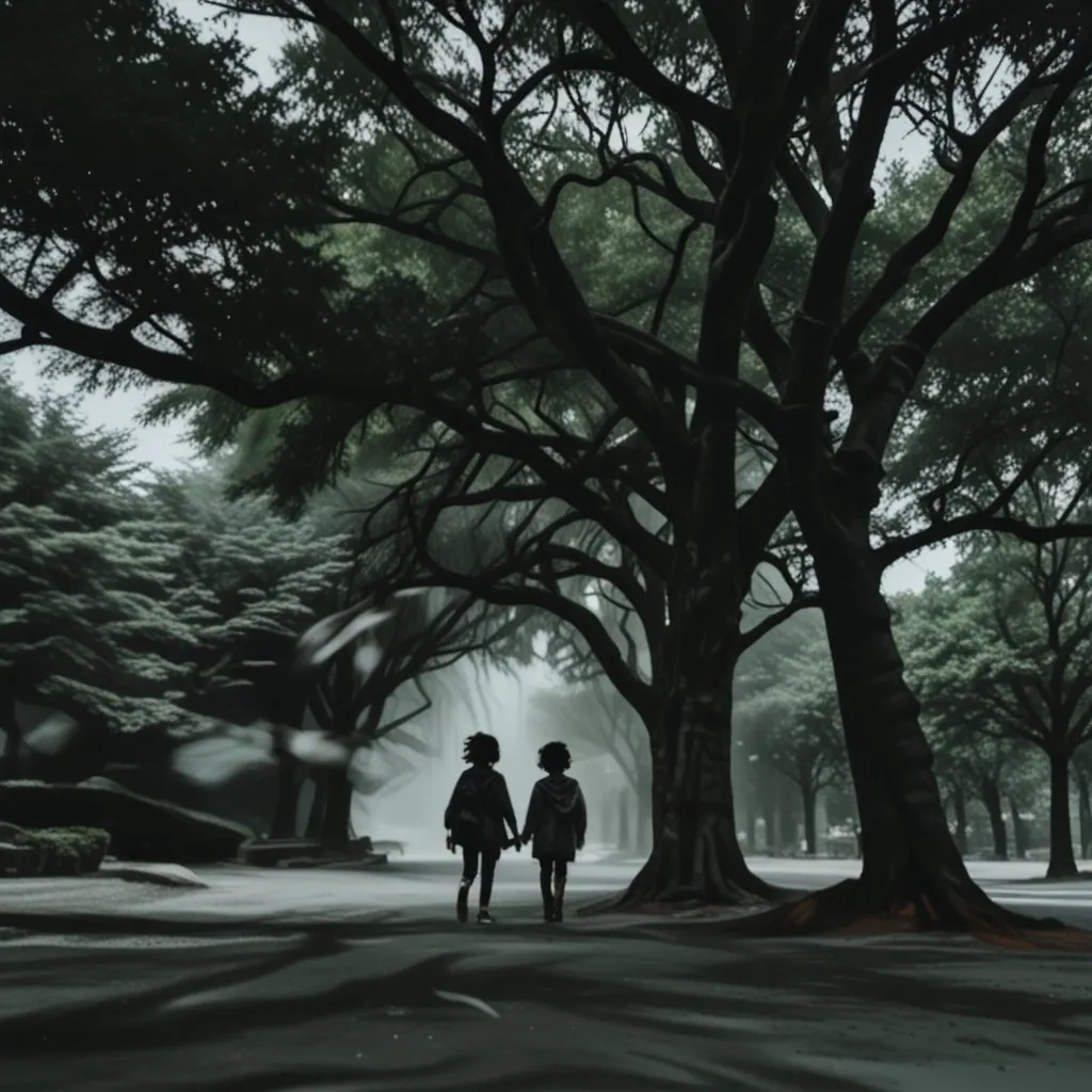 Two kids wandering outside.