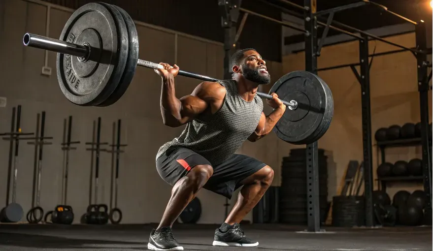 A motivational scene capturing a man engaging in high-intensity resistance training doing a squat.