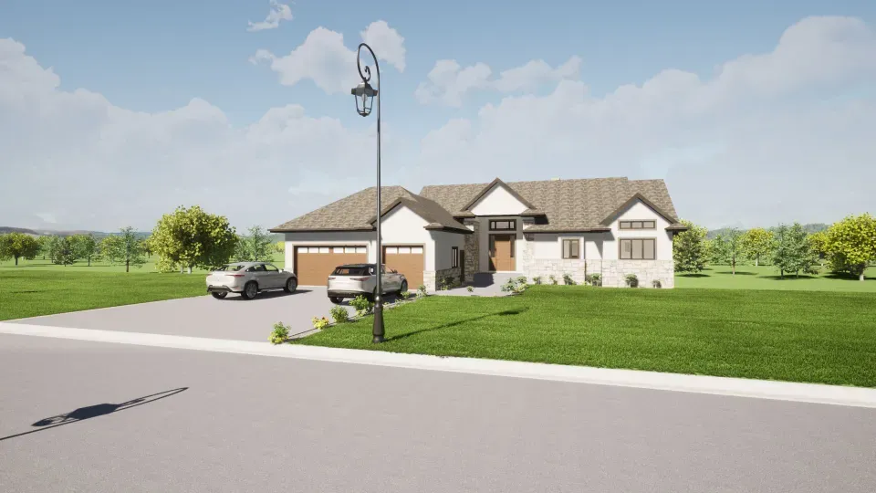 Suburban house with a three-car garage, two cars parked in the driveway, and a lamp post nearby on a sunny day.