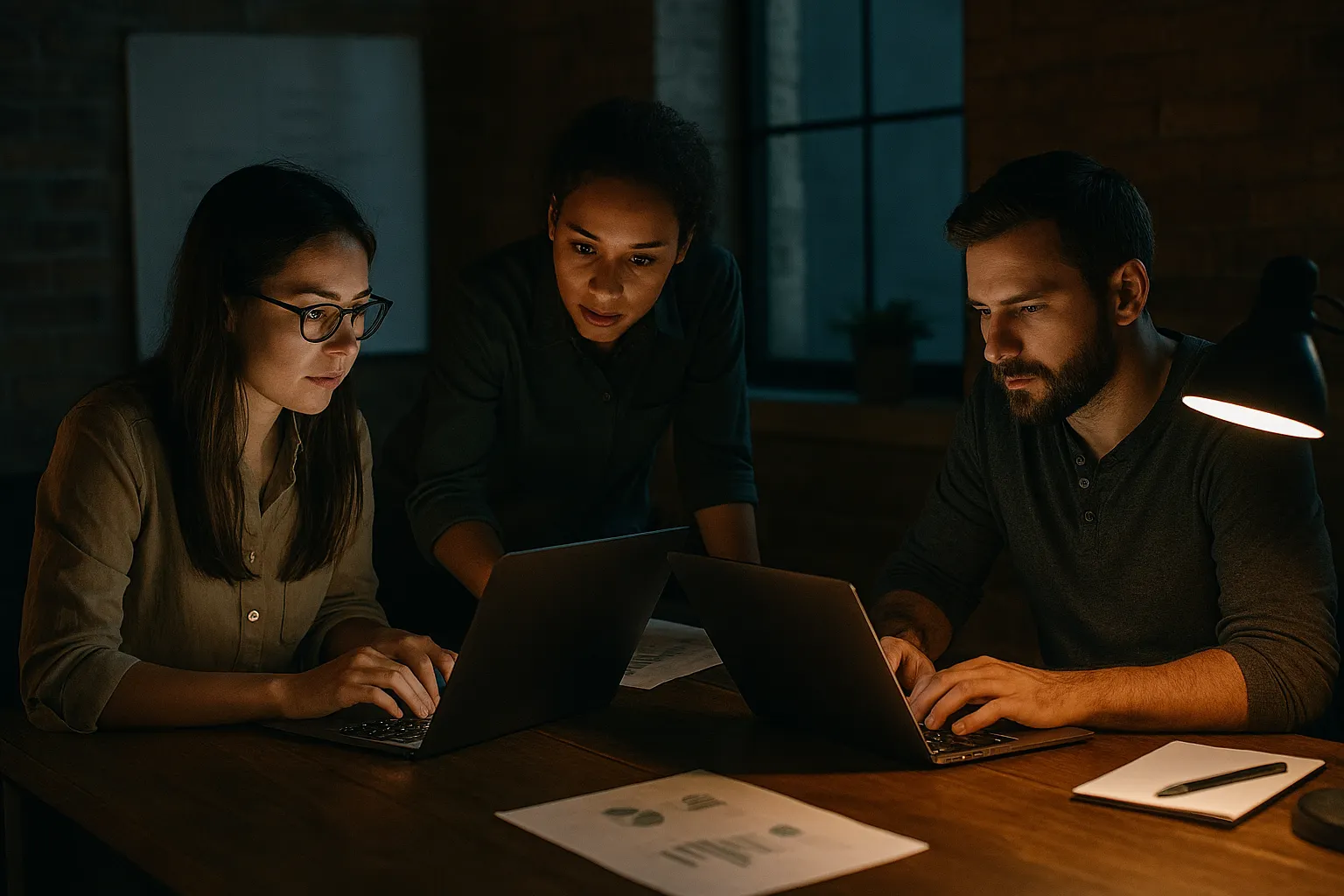 Three entrepreneurs collaborating in a dimly lit workspace, focused on laptops and digital systems, representing disciplined creation and sovereign control.