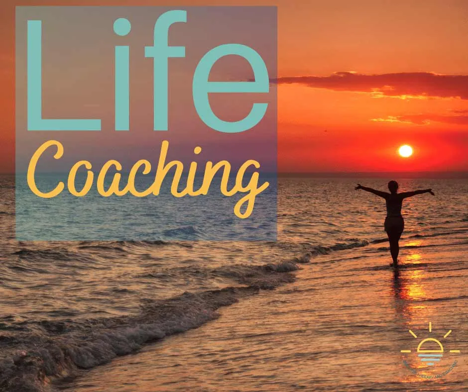 A woman on a beach with the words life coaching above her