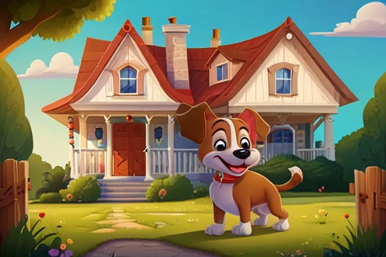 Happy cartoon dog in front of a large suburban house under a blue sky, promoting a “New Dog Welcome Home Package” for pet owners preparing to bring a rescue dog into their home.