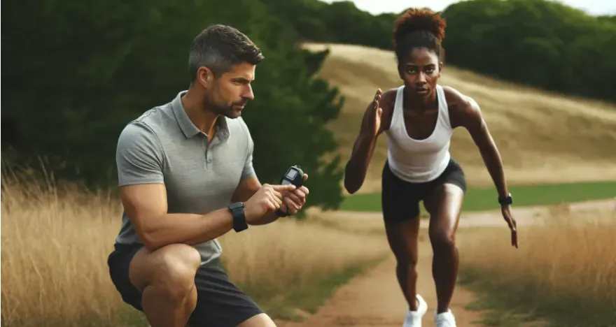 a coach timing an athlete performing hill sprints during a training session