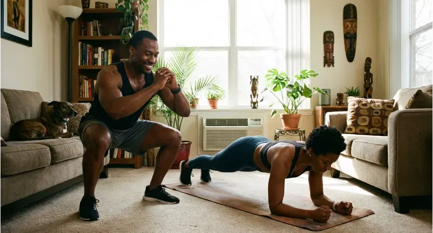 An African American couple exercising in their living room. The man is performing bodyweight squats, and the woman is doing a forearm plank on a yoga mat.