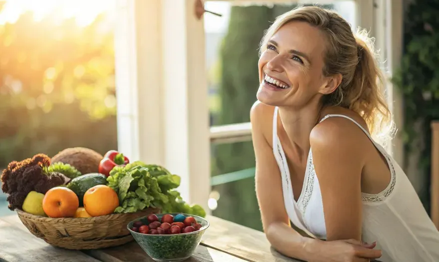 A beautiful woman with radiant skin next to a table of Colorful fruits and leafy greens symbolizing nutrient-rich diet for skin health.