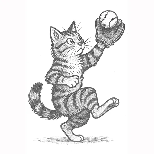 Sketch of a striped cat making a leaping catch with a baseball glove — mid-action and full of feline focus. 