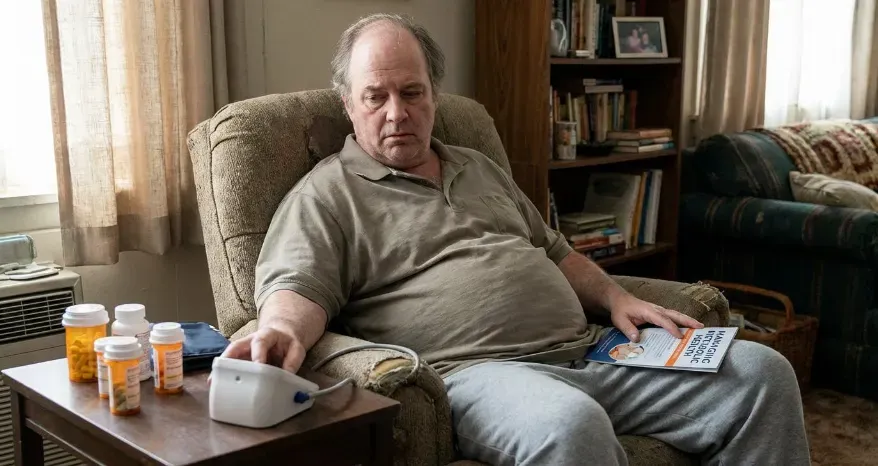 Middle aged man showing signs of metabolic syndrome.