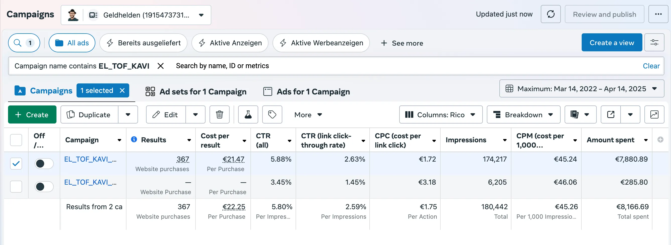Facebook Ads Manager Stats Screenshot