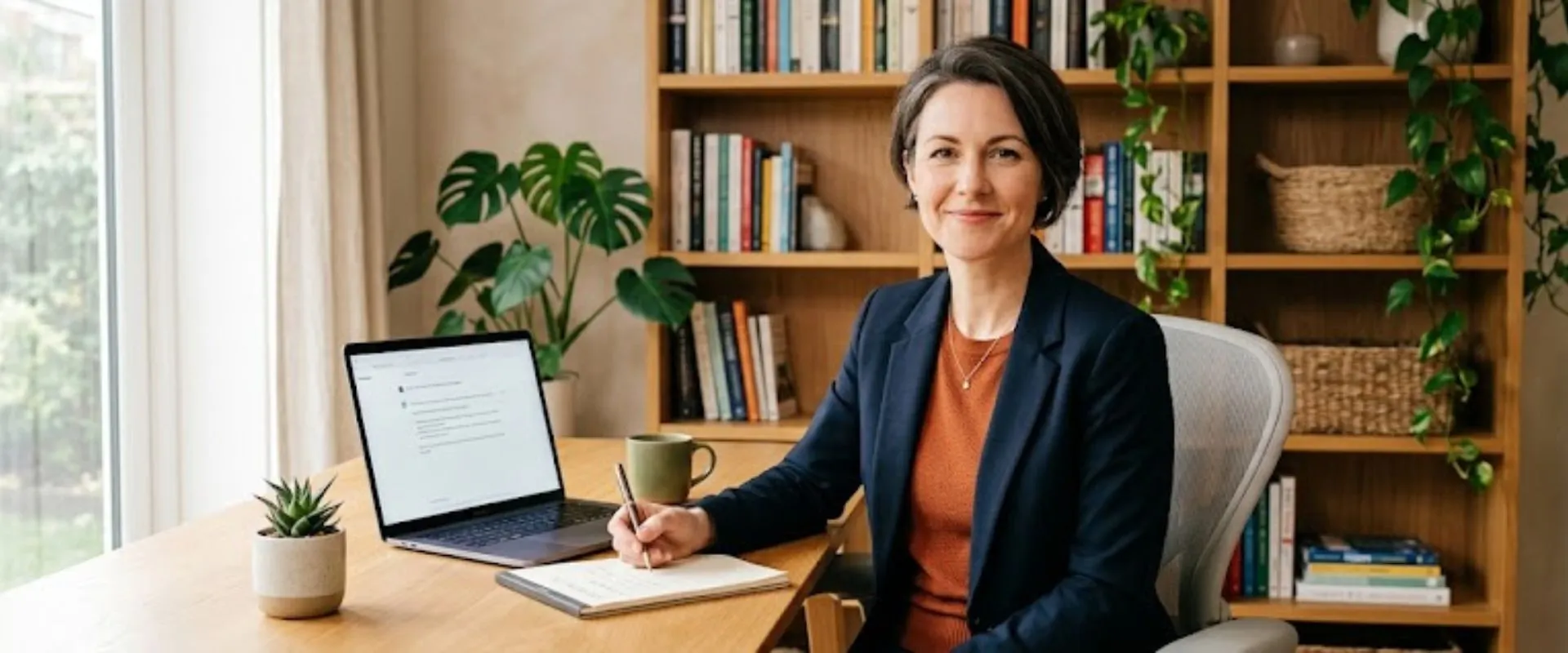 Life and business coach at a modern desk using AI coaching assistant tools to create content faster with Expert AI Prompts