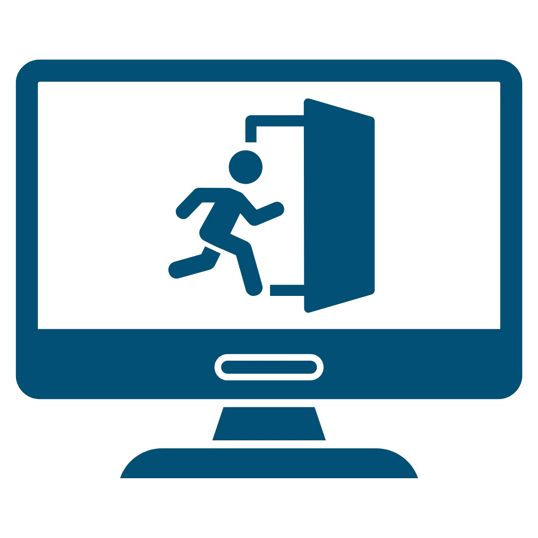 Icon of a monitor displaying a person exiting through a door, symbolizing readiness to pursue alternatives.