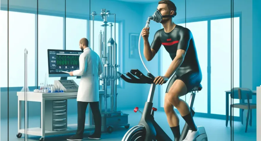 a man in a lab coat works on computer while another man in on a treadmill underdoing tests.