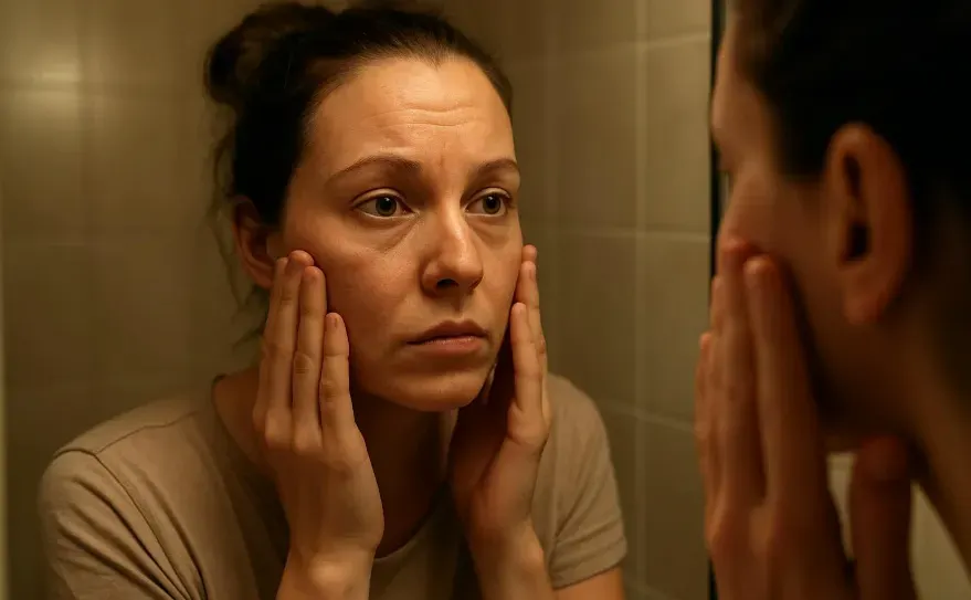 A woman examining her face in the mirror under soft bathroom lighting, noticing fine lines and uneven tone. Natural skin texture, no makeup.