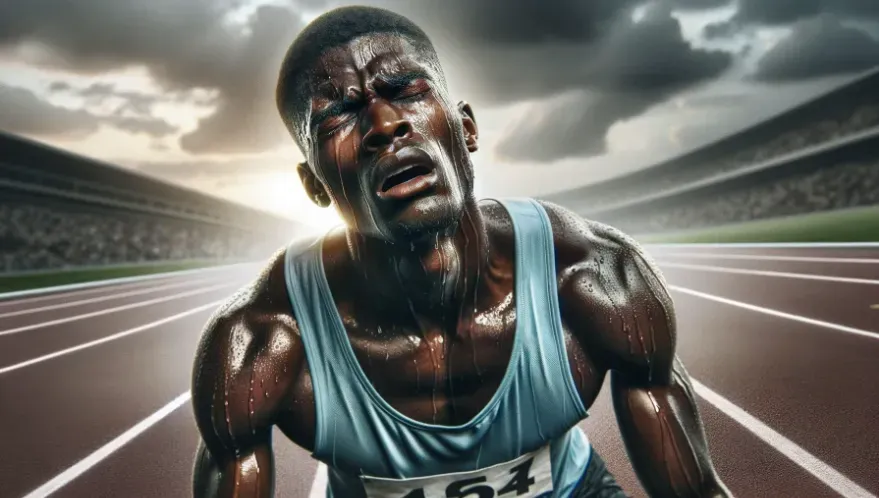 an athlete looking exhausted at the end of a race, his face capturing the agony and mental toughness required.