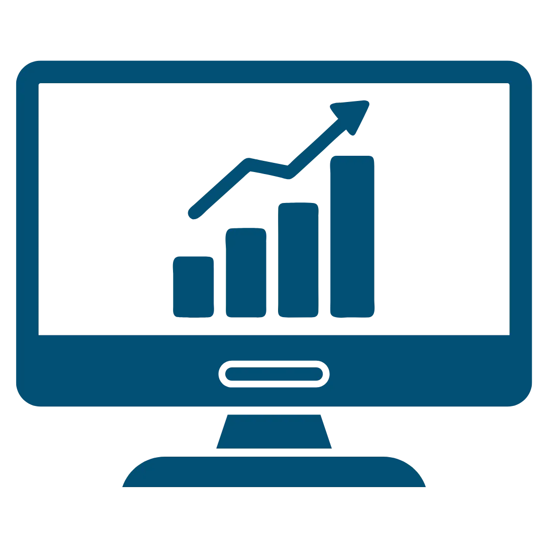 Icon of a monitor displaying a bar chart with an upward arrow, symbolizing rate increas