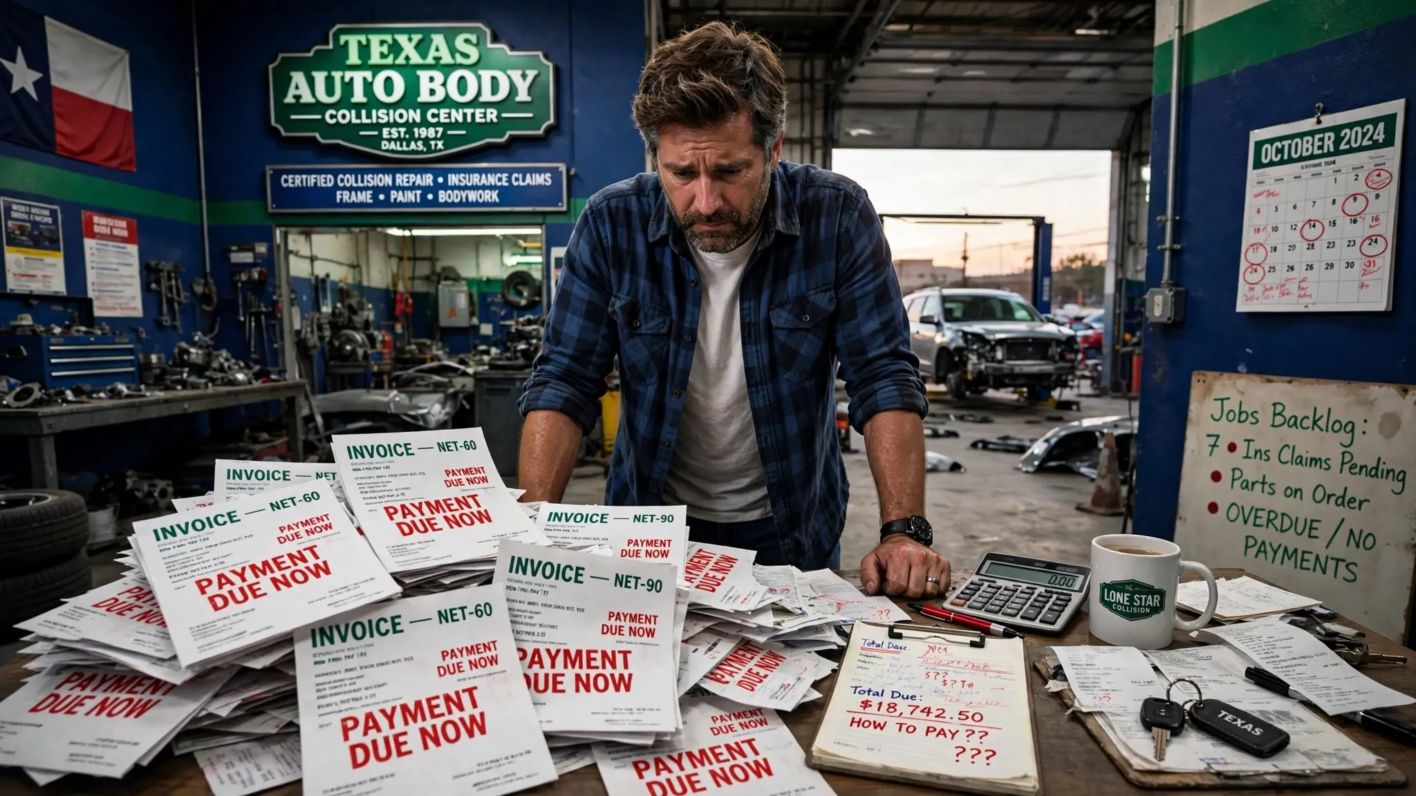 Grand Prairie auto body shop owner stressing over NET-60 invoices at his desk