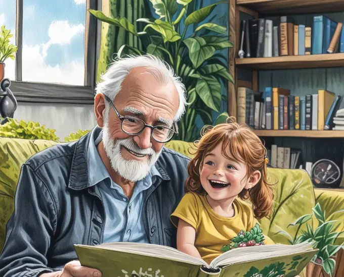 grandfather reading a book to his grandchild