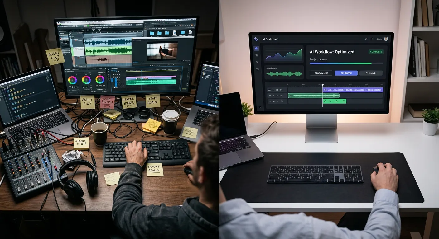Comparison image showing messy DIY video creation tools on one side and a streamlined SuperAffiliateAI dashboard on the other for faceless affiliate marketing automation.