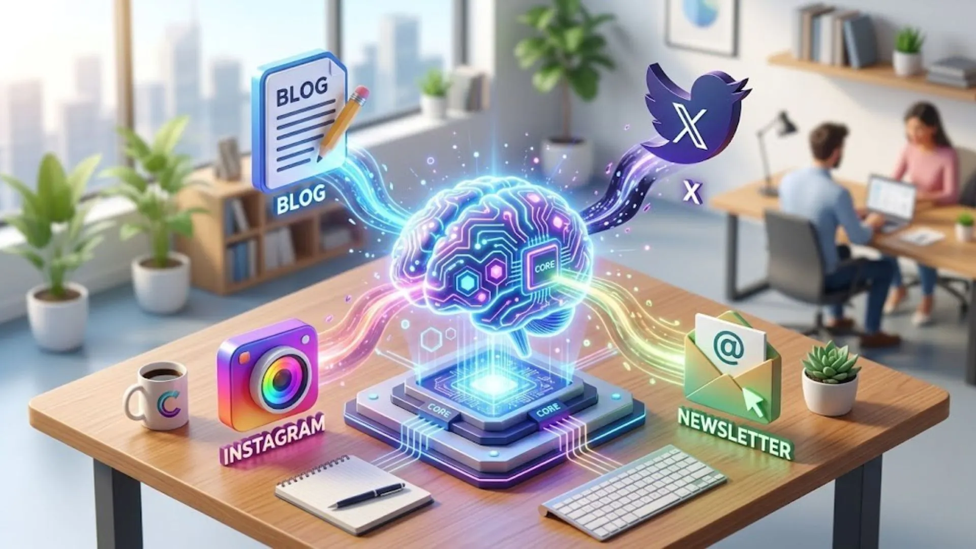 AI generating multiple content formats for startup marketing.