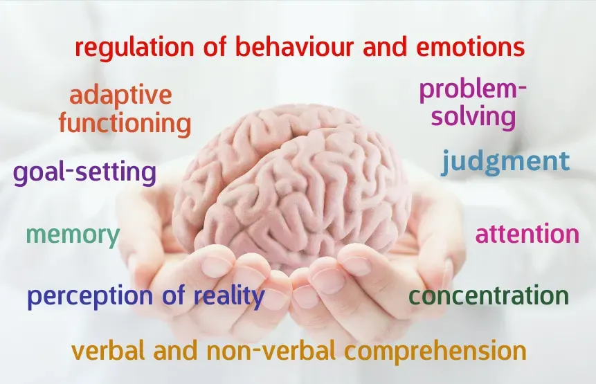 This image presents a visually engaging overview of various mental functions. At the top, the title 