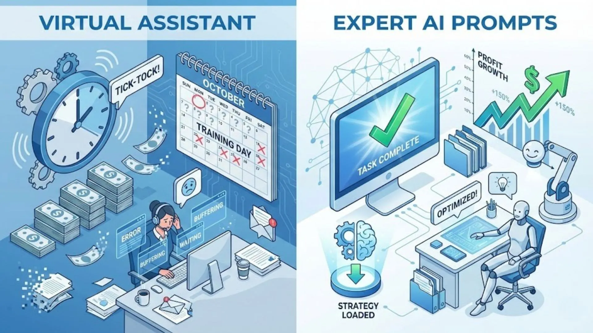 Comparison illustration showing the cost and time efficiency of expert ai prompts for consultants versus hiring a virtual assistant.