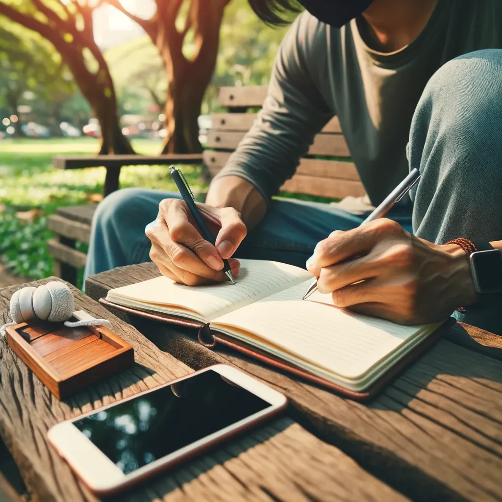 Person writing on a journal with both hands