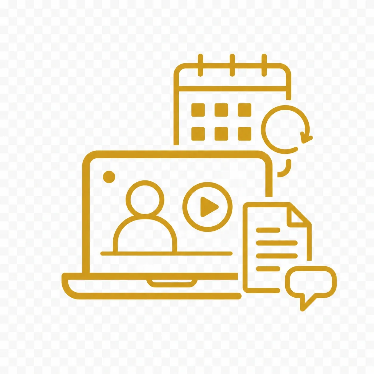 Gold icon showing an online weekly live session with video teaching, calendar scheduling, paperwork notes, and member discussion.