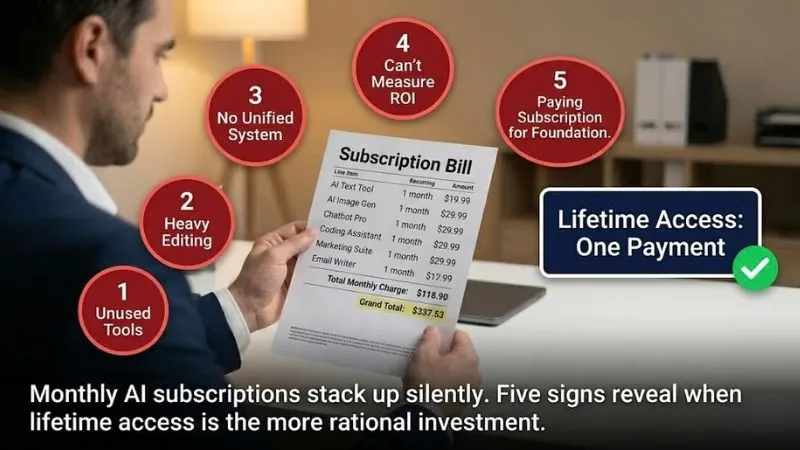 Professional holding stacked AI subscription bill with 5 overpaying signs and expert ai prompts lifetime access badge