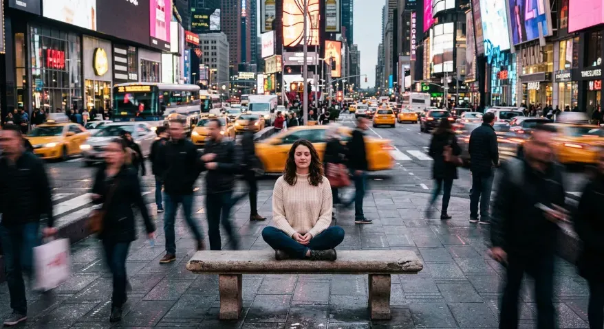Calm individual in busy city representing emotional resilience during stressful environments.