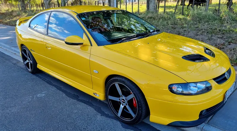 A bright yellow Holden Monaro coupe is parked on the side of a suburban road. The car features black alloy wheels with red brake calipers, a rear spoiler, and hood scoops. The vehicle's glossy finish reflects the surrounding trees and clear blue sky. In the background, a grassy area with trees and a fence is visible, adding to the vibrant outdoor setting.