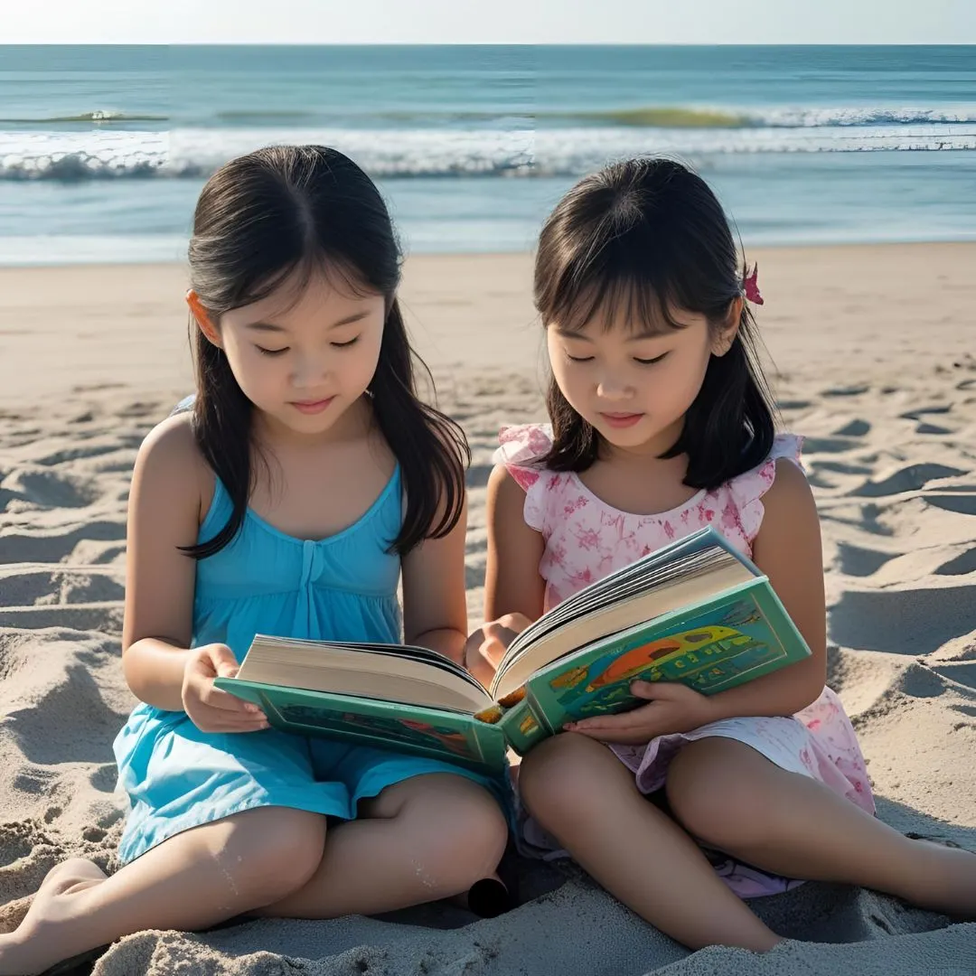 Two kids reading a book at the beach