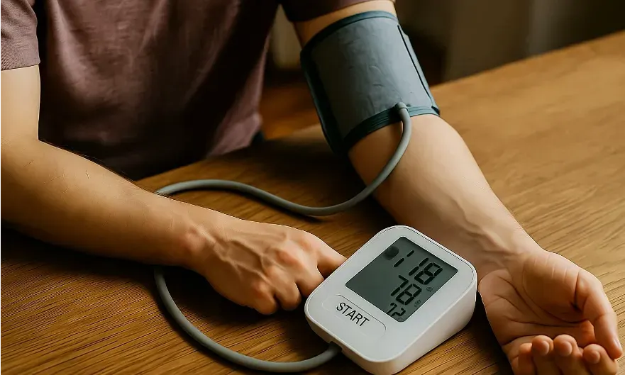 Close-up photo of a person checking blood pressure with a digital cuff at home on a wooden table.
