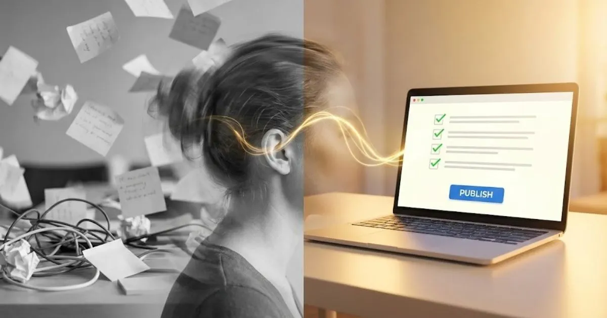Split screen showing the transition from chaotic imposter syndrome to organized AI-assisted productivity.
