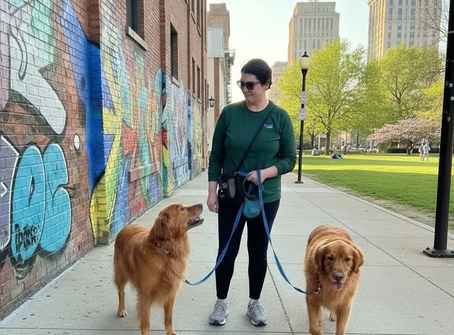 Kristin loose leash walking 2 golden retrievers in downtown kansas city Newman's Dog Training