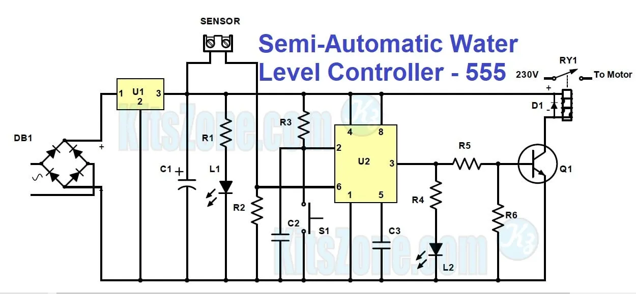 Semi-Automatic Water Level Controller Circuit Project Using 555 Timer With Indicator