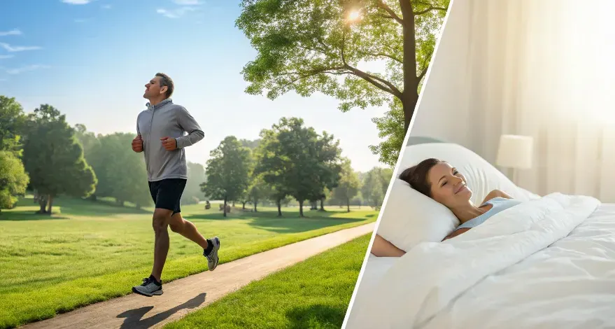 a split image: one side is of a man jogging in a serene park setting. Use a bright and uplifting color palette to evoke a sense of wellness and health optimization. The style should be realistic and detailed to convey the importance of exercise in boosting HRV. The other side of the image is of a woman in bed; it's a peaceful bedroom scene emphasizing sleep quality, with soft lighting and elements like blackout curtains, a comfortable bed, and a gentle alarm clock. 