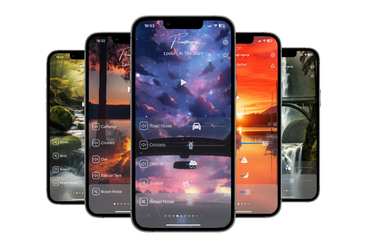 Five iPhone screens showing the Flowscapes soundscape mixer with different scenes and adjustable sound layers.