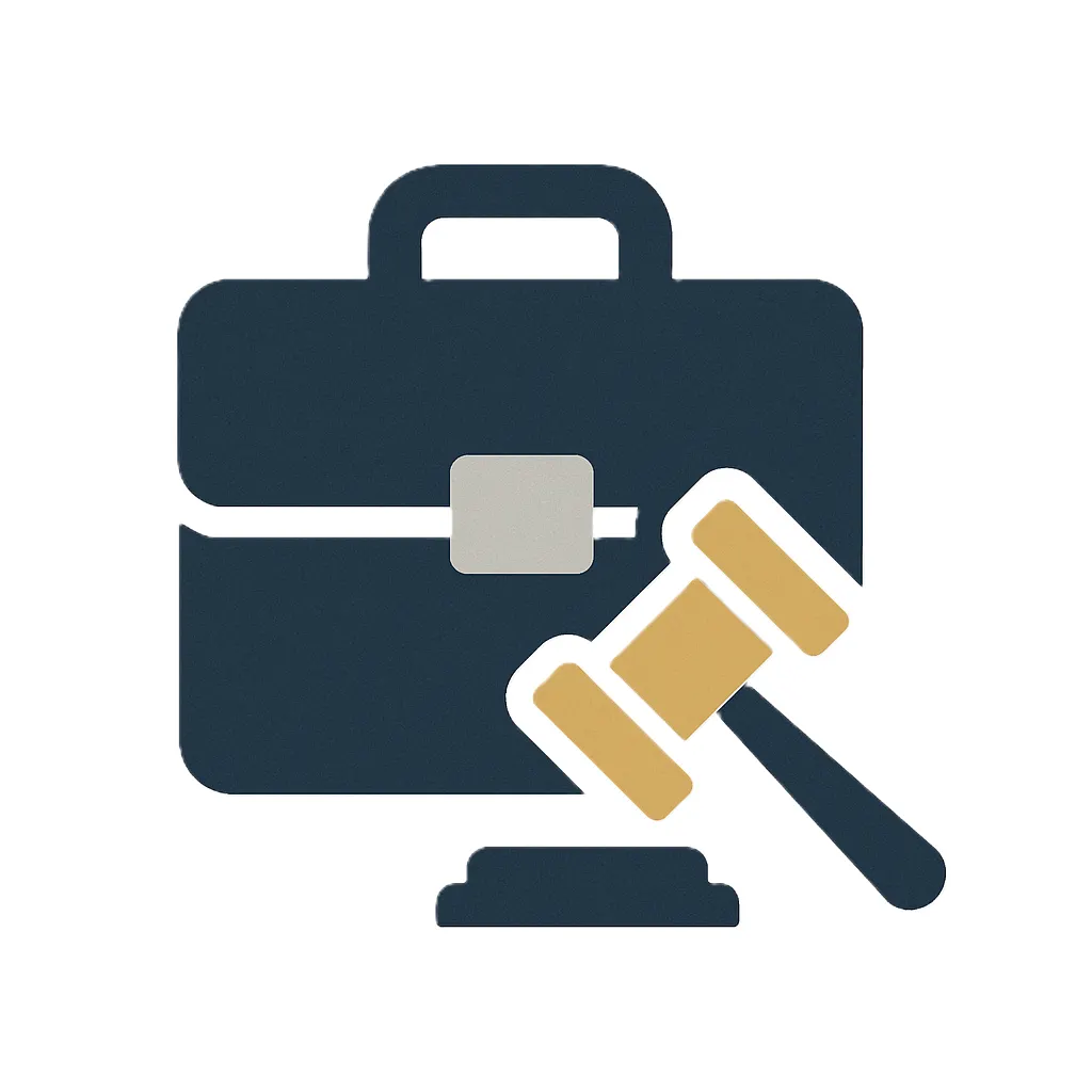 Flat-style icon of a navy blue briefcase and gold gavel, symbolizing legal credibility and financial trust in aviation appraisals.