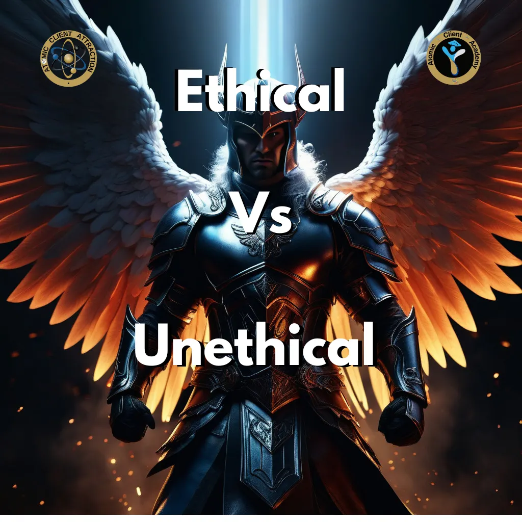 A warrior Angel, half in darkness and the other half in the light. Showing the good side of sales and the bad side of marketing and sales for coaches and therapists